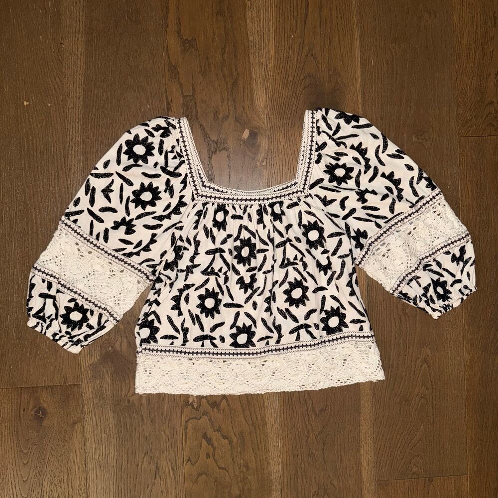 Christian Siriano Boho Linen Cropped Square-Neck Top with Lace Size XS